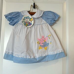 Vtg  SEARS Cuties by Judy 12 Months blue white Dress pink bunny yellow flowers